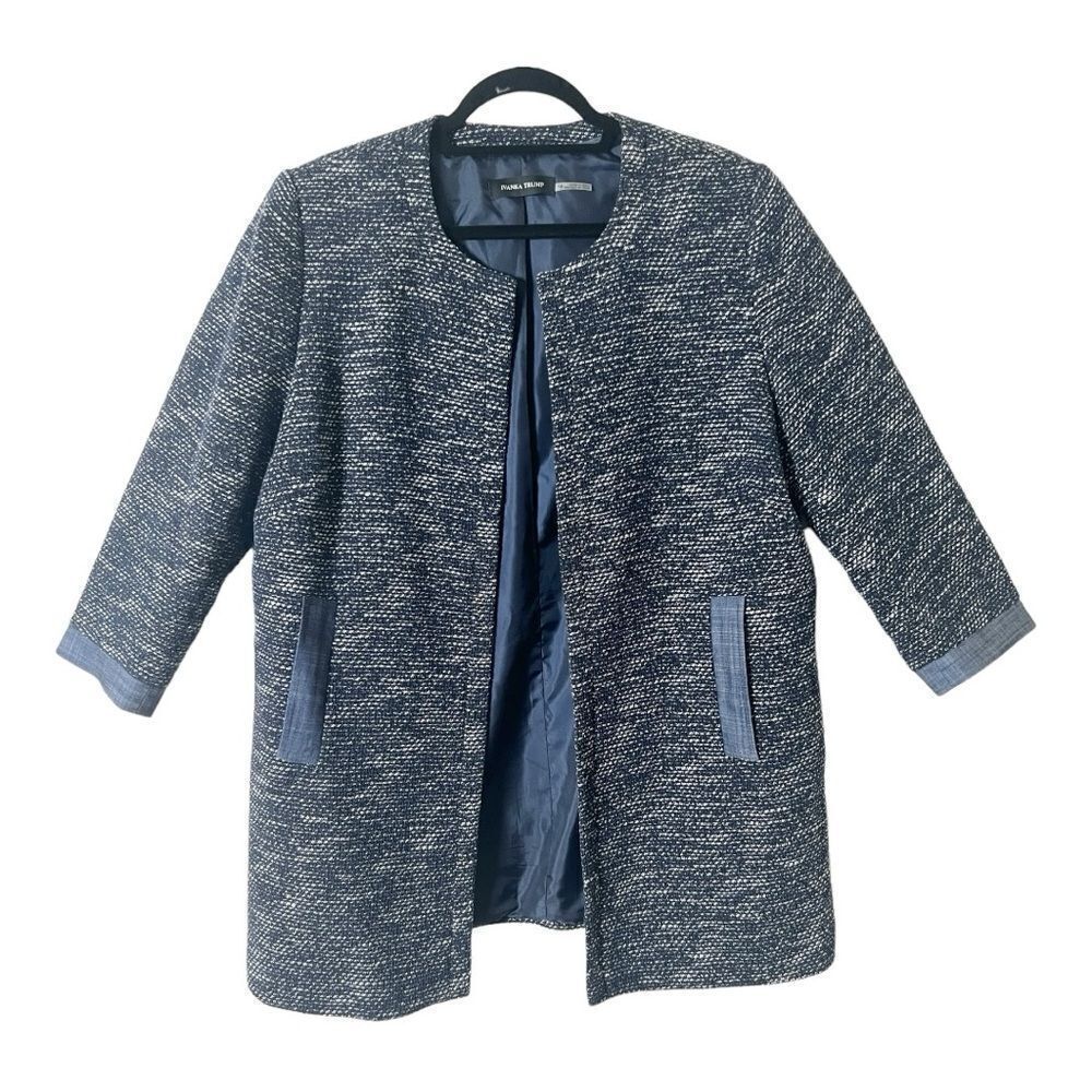 Ivanka Trump‎ 3/4 Sleeve Blue White Open Front Denim Trim Tweed Blazer Jacket
